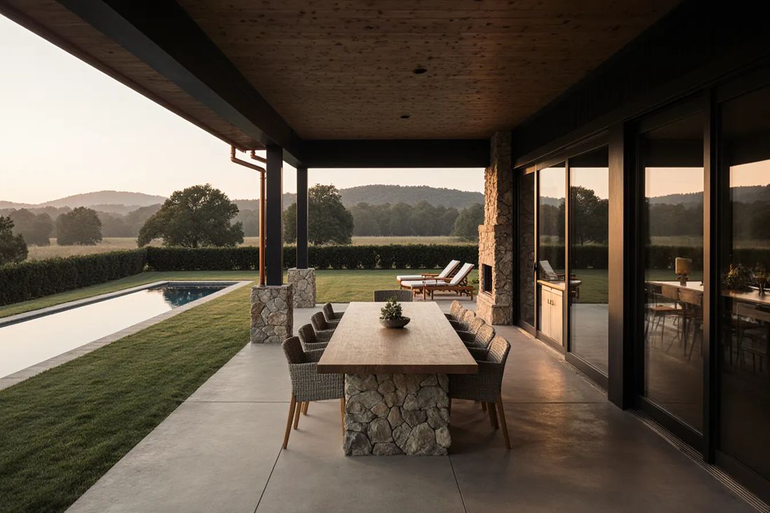 Outdoor room and pool looking to the hills, artist's concept