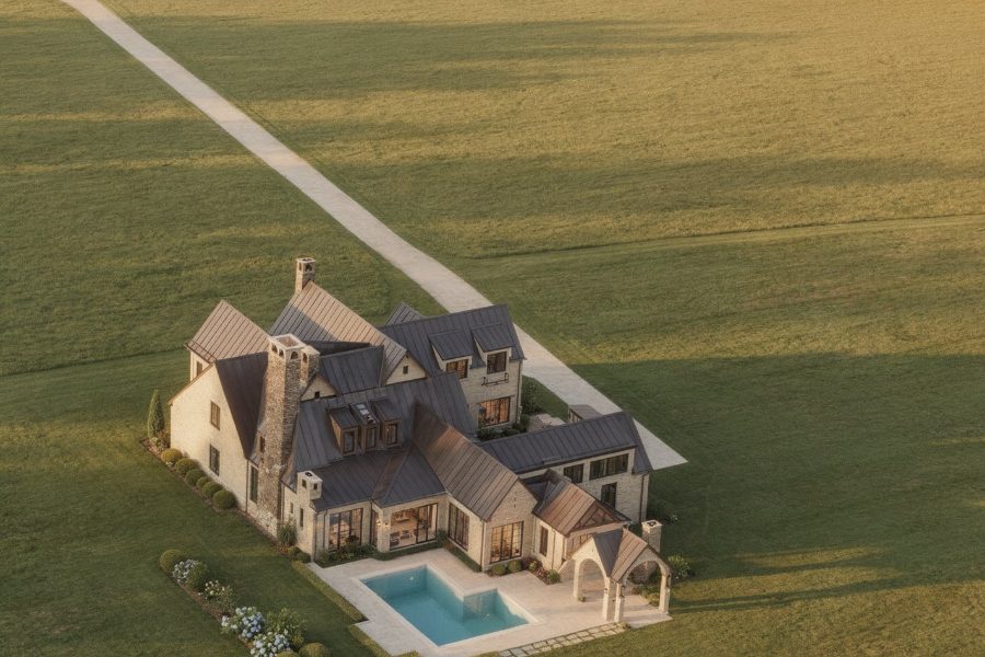 Aerial over the pool and the back of the house toward Coleman Road — artist's concept