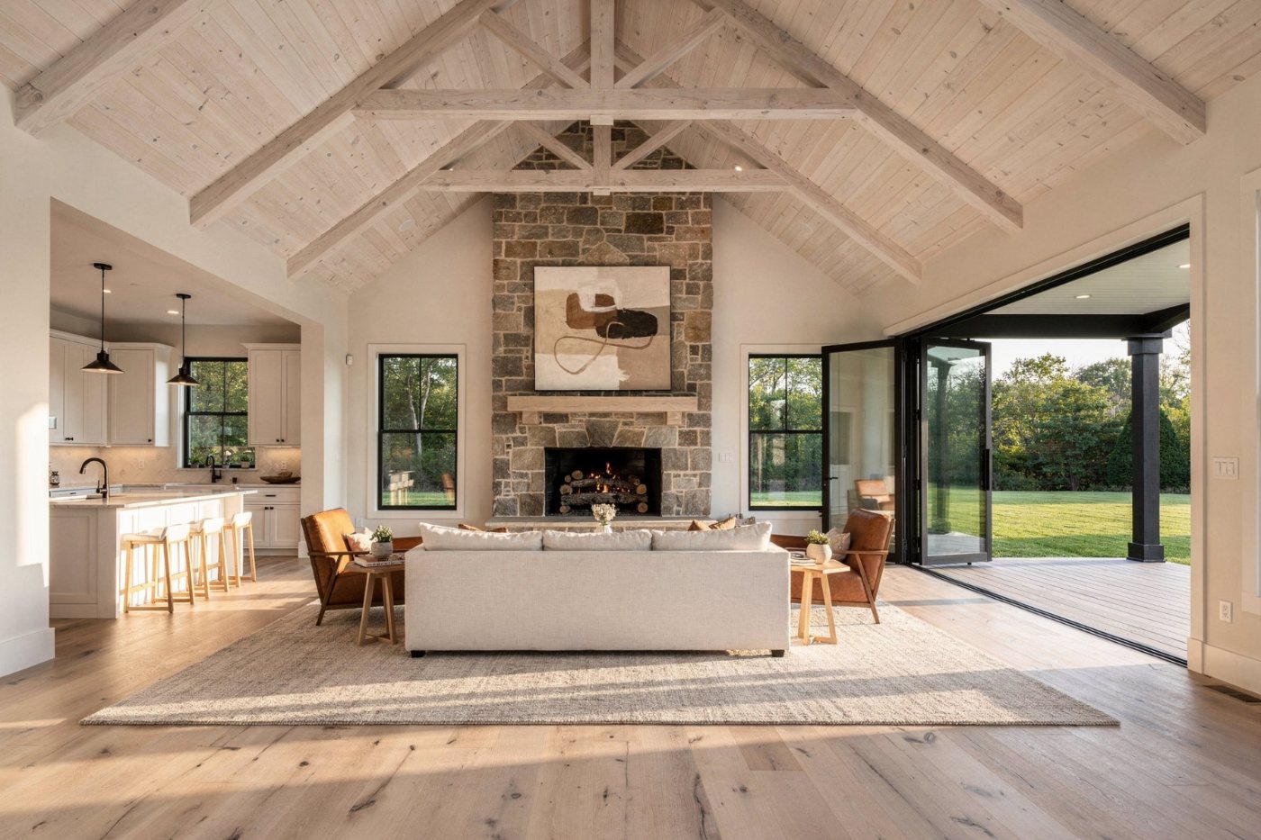 Great room with fieldstone fireplace — artist's concept