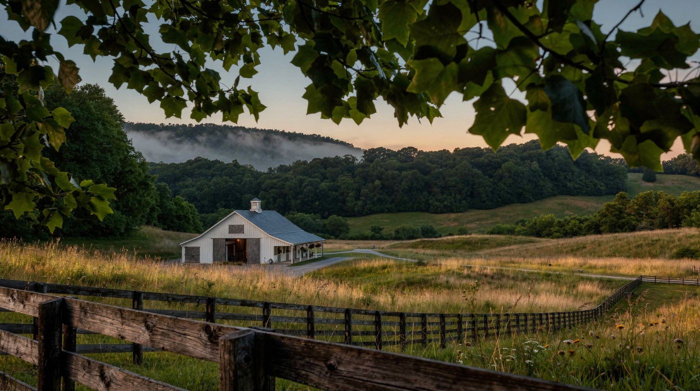 Artist's concept: the Vesper meadow, barn and crossbuck fence at dawn