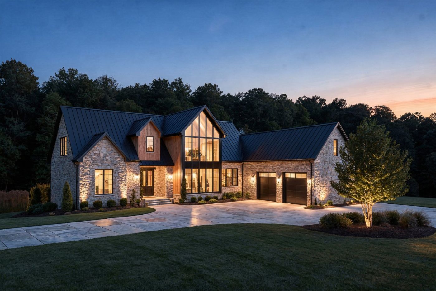 Artist's concept at dusk, windows lit — the Vesper brand mood